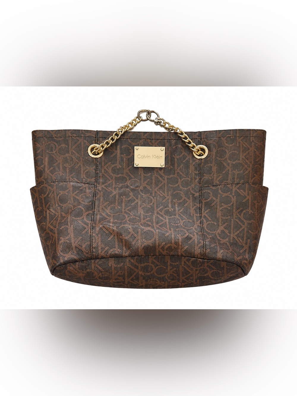 Calvin Klein Brown Monogram Tote with Gold Chain Handles